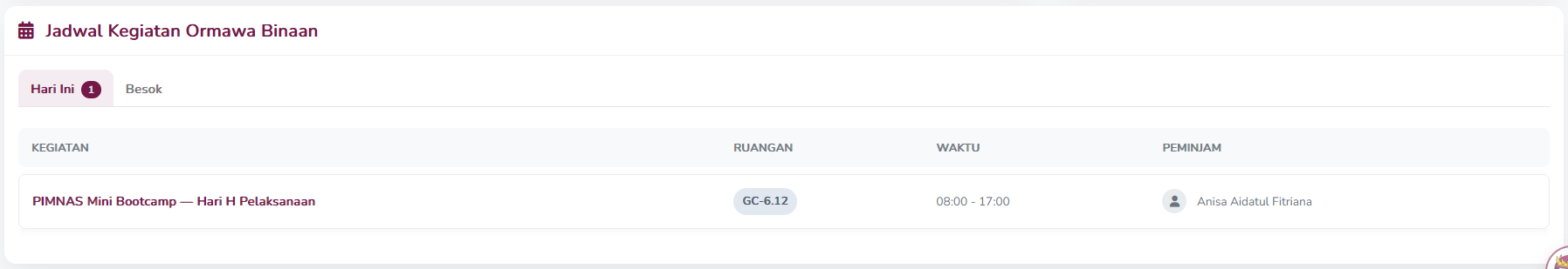 Jadwal Kegiatan Ormawa Binaan